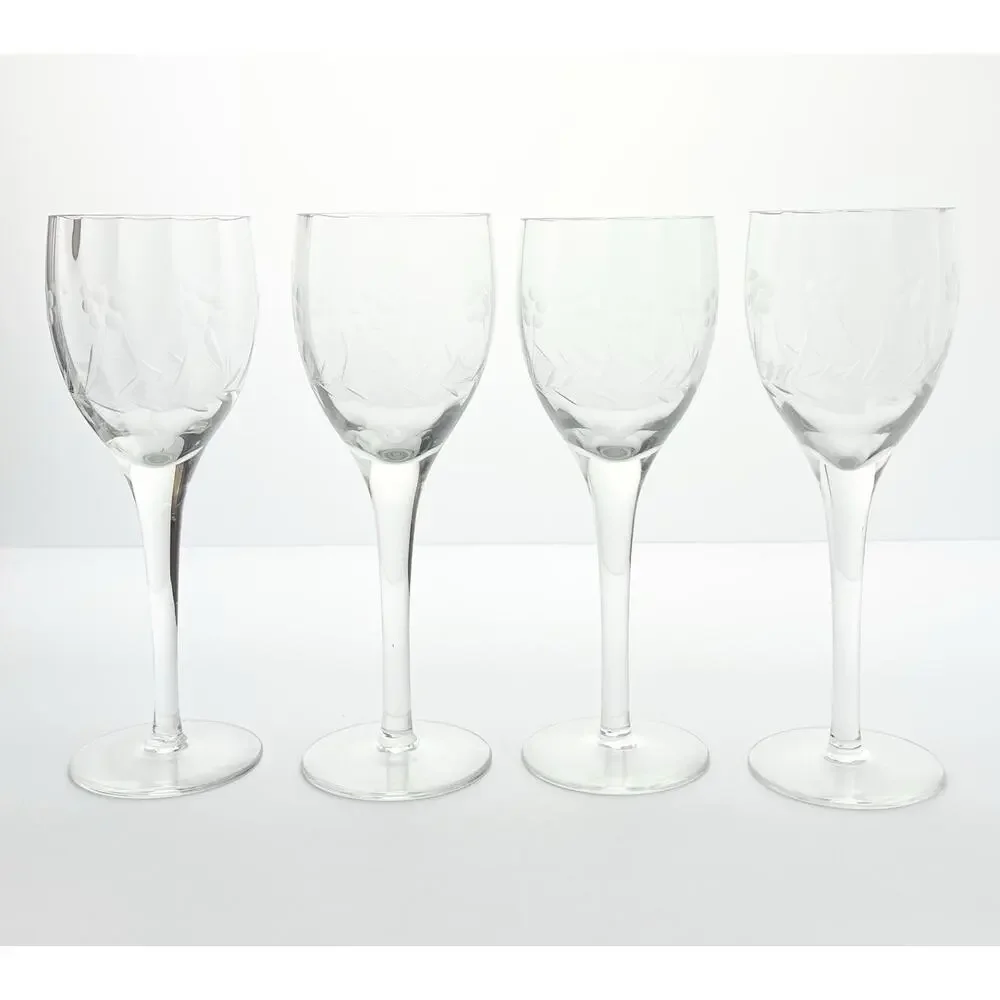 1940s Vintage 4 Etched Flower Optic Wine, Water or All Purpose Glasses 8” 8oz